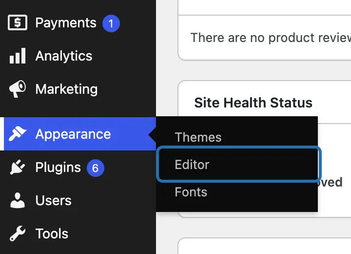 Appearance opened in the left-hand dashboard menu, with its Editor link outlined in blue