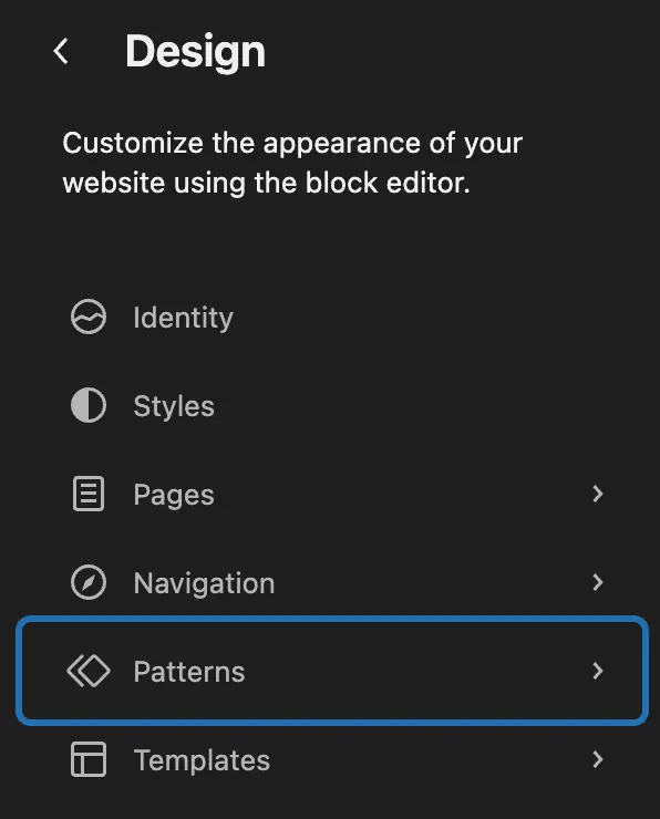 The Design list in Appearance › Editor: Identity, Styles, Pages, Navigation, and Patterns outlined below them