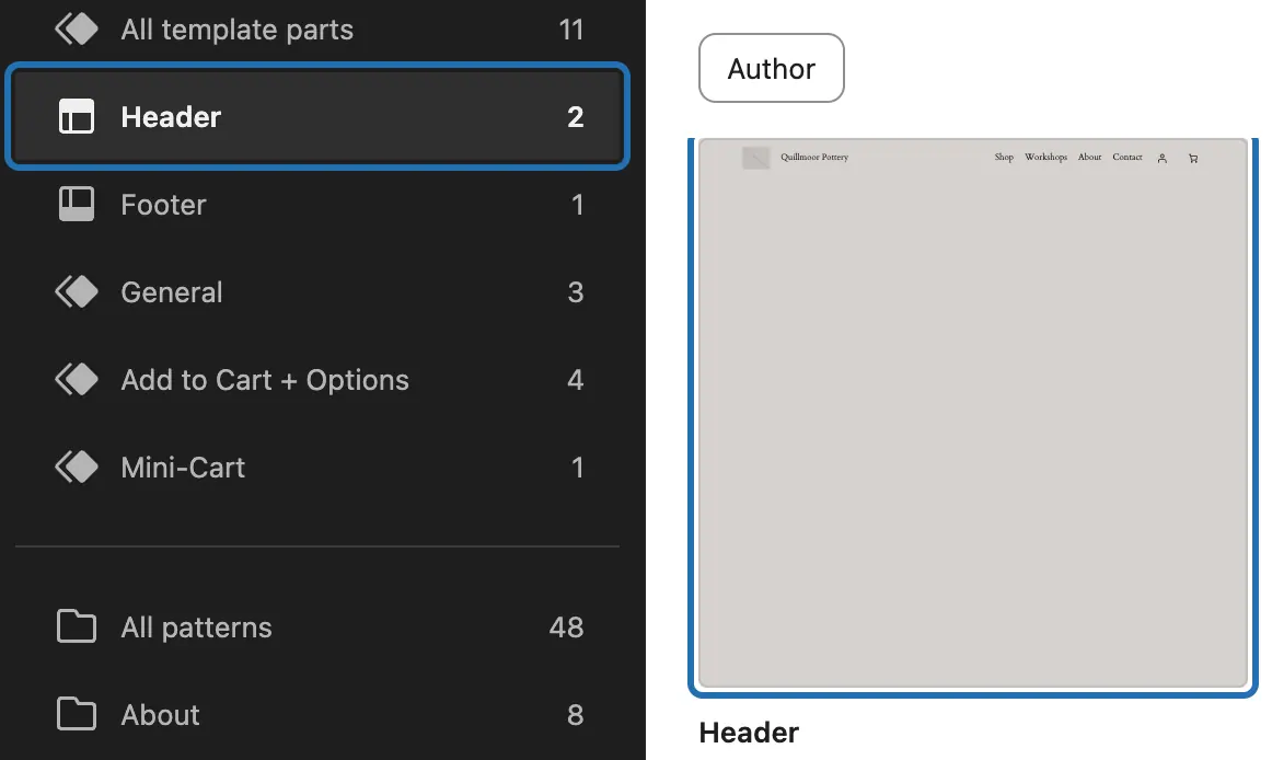 Header outlined second in the left-hand list, and the big Header preview outlined beside it: click it to open