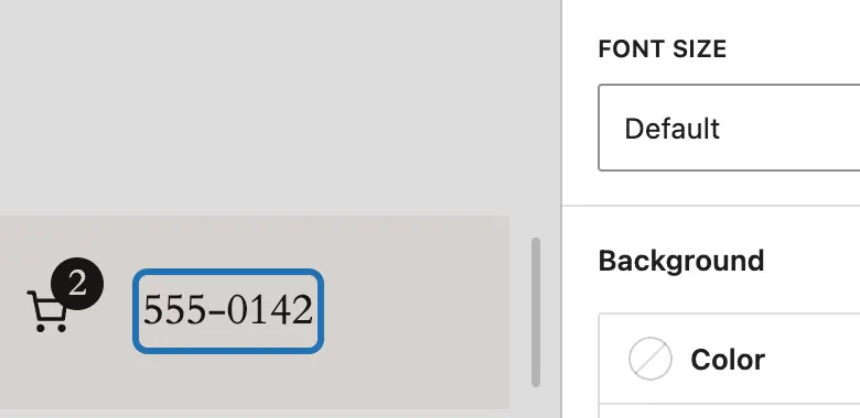 555-0142 typed right after the cart and outlined; the Font size box beside it still says Default. Not saved yet