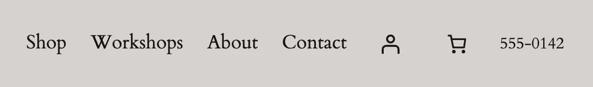Our test site’s header after the change, as visitors see it: the menu, account and cart icons, then 555-0142