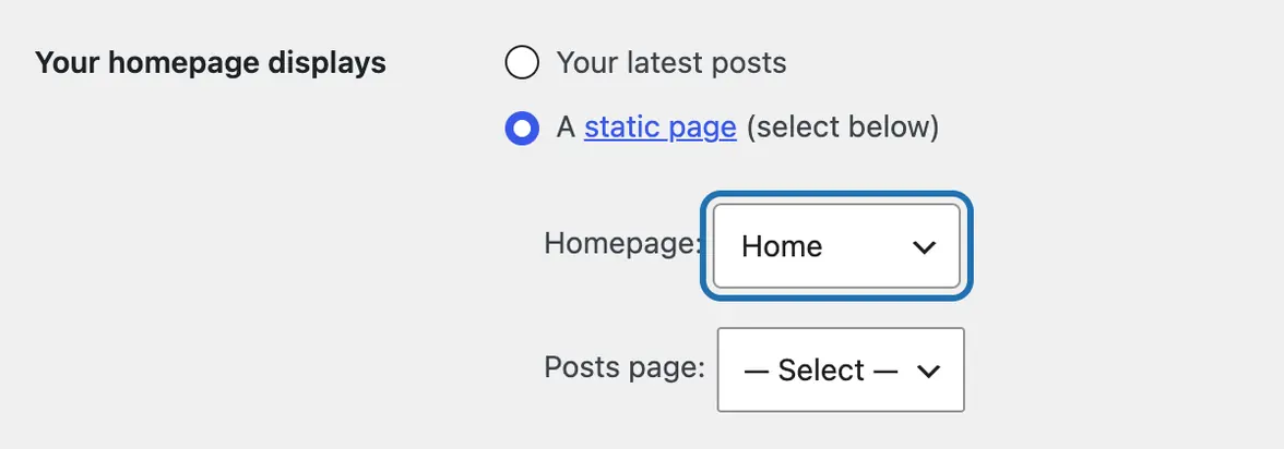Reading Settings: A static page is chosen under Your homepage displays, and the Homepage list, outlined, shows Home