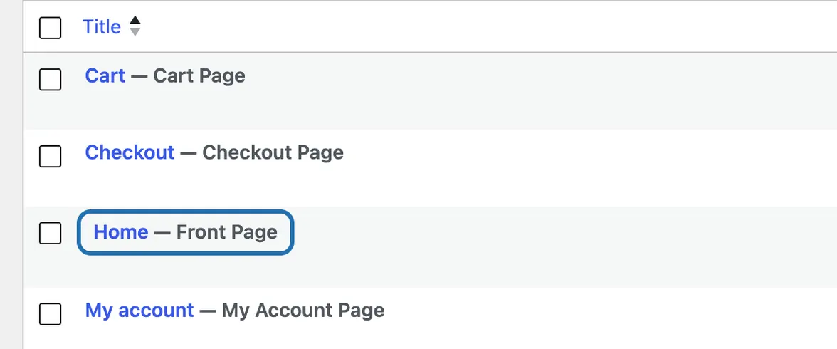 The Pages list with the row Home — Front Page outlined: that's the home page