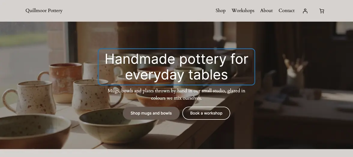 The test site's home page as visitors see it, with the big heading over the photo outlined