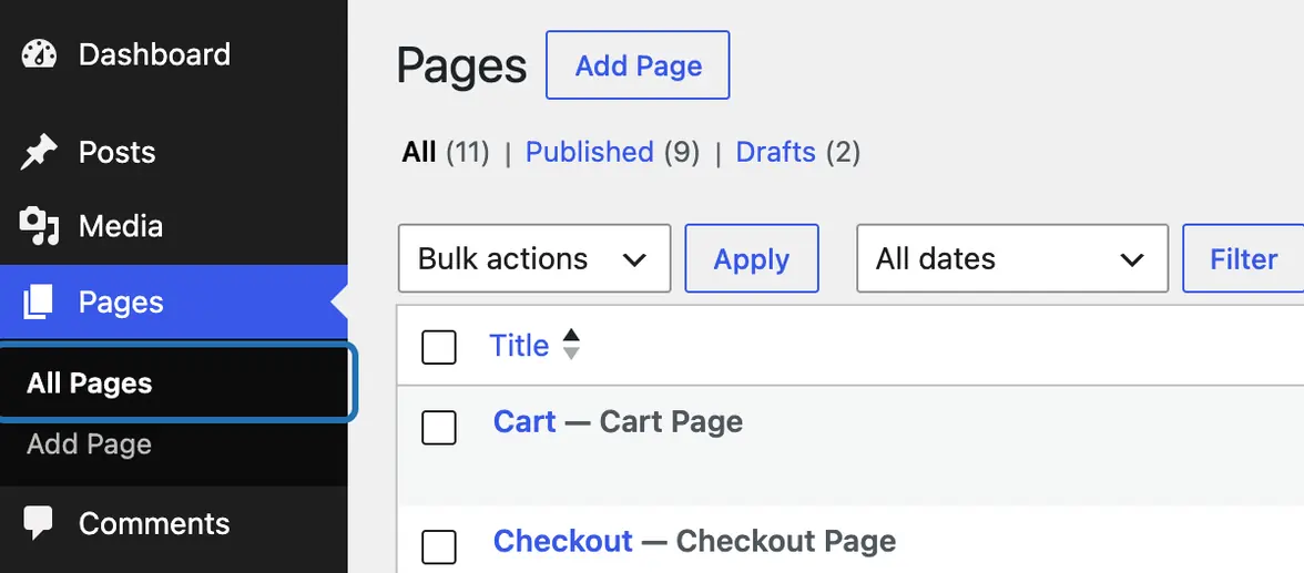 The WP dashboard menu with Pages open and All Pages outlined, beside the list of pages