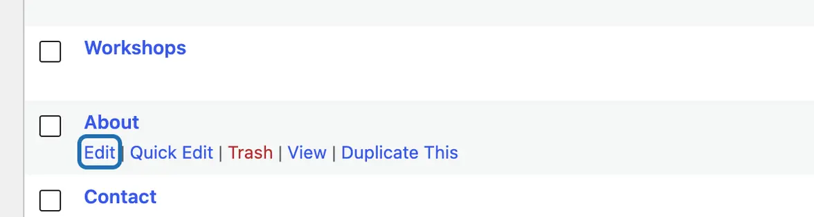 The About row in the pages list, with the Edit link under its name outlined