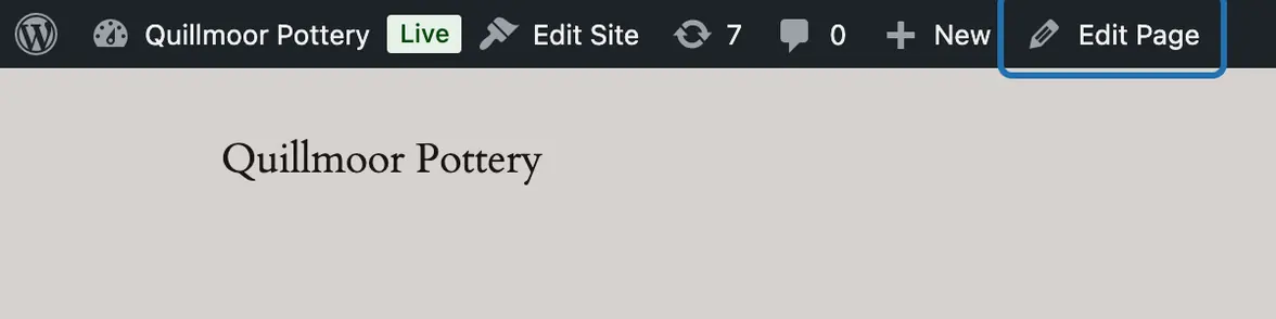 The About page on the site, logged in: the black bar at the top with Edit Page outlined