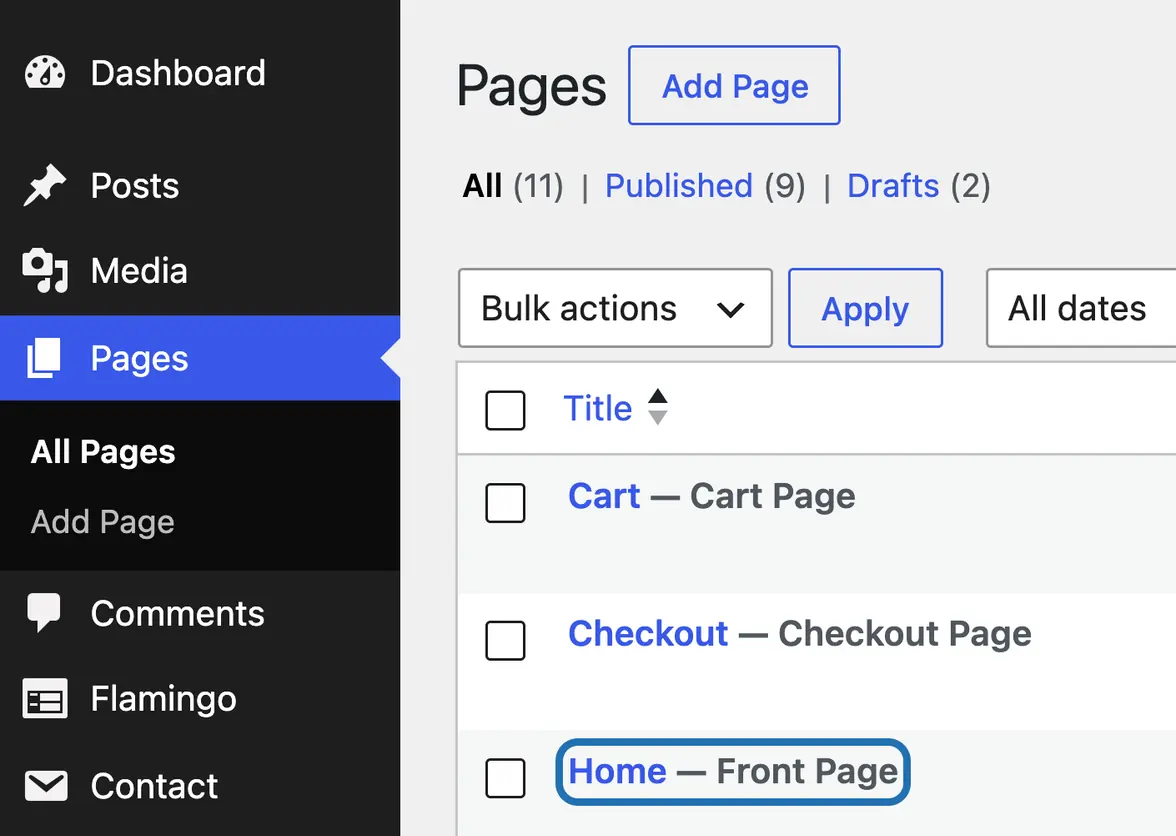 Pages in the WP dashboard, with the Home page, marked Front Page, outlined in the list