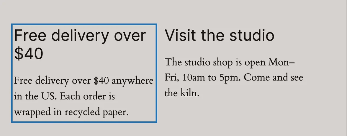 The home page open in the editor: the delivery heading and the line under it both retyped to say $40