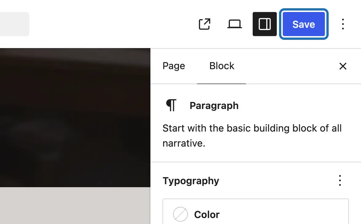 The top right of the editor, with the Save button outlined