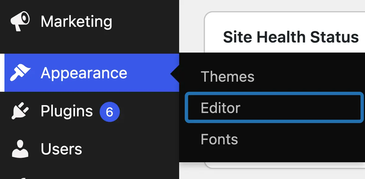 The Appearance menu open in the WP dashboard, with Editor outlined between Themes and Fonts