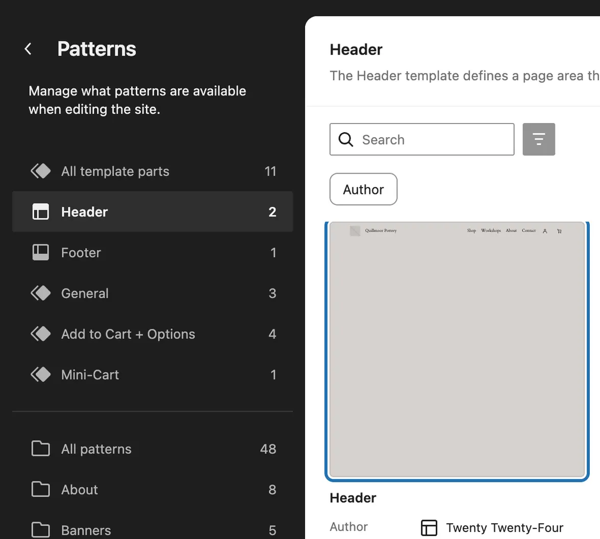 The Site Editor's Patterns list with Header chosen, and the picture of the site's header outlined