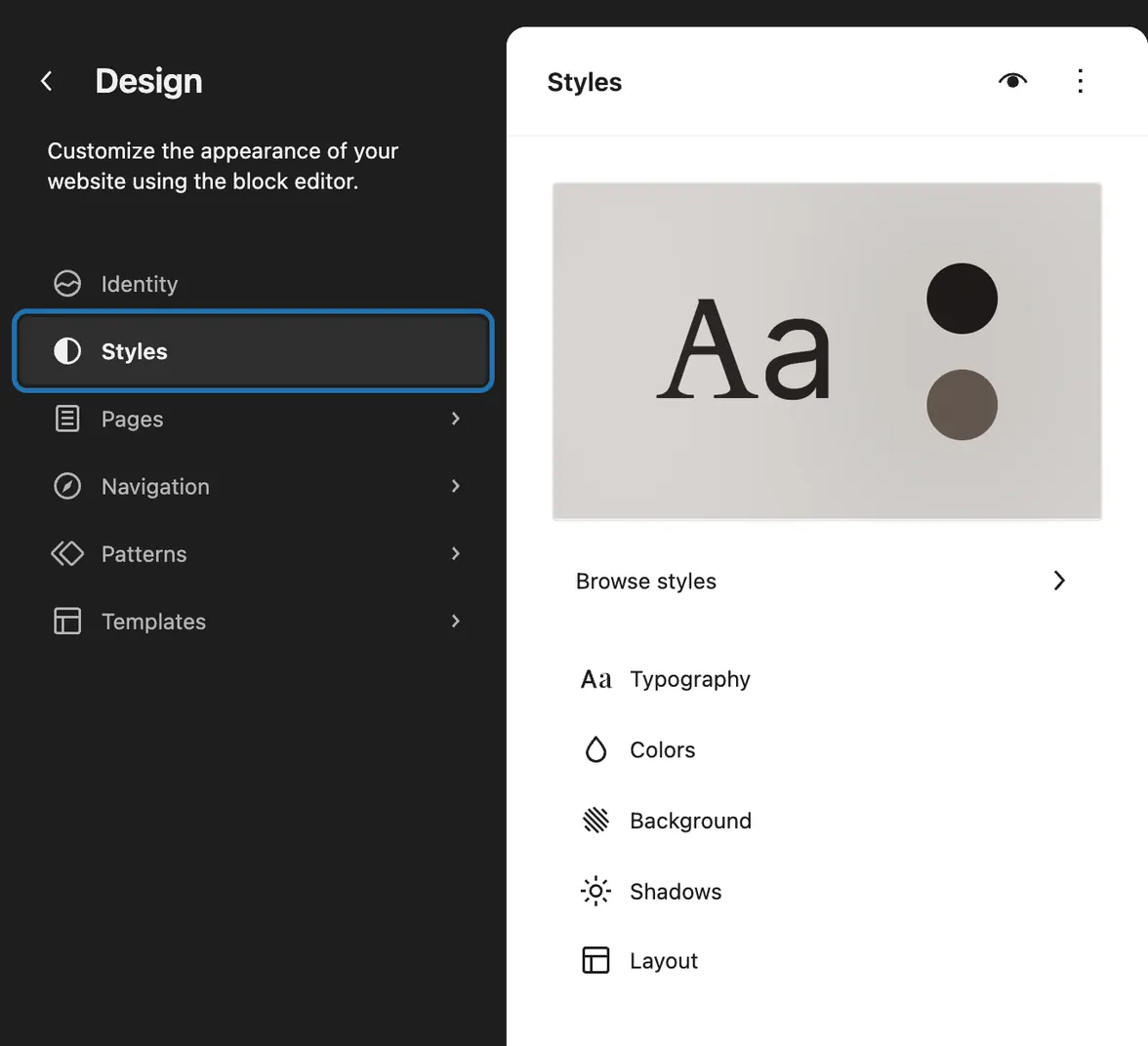 Styles chosen in the Site Editor, its panel open with Typography and Colors for the whole site