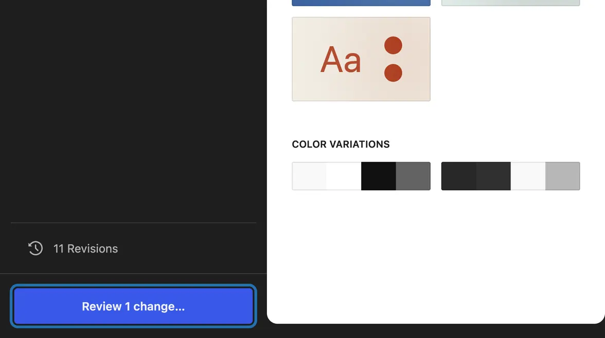 The bottom left of the Site Editor after picking a new style, with the Review 1 change… button outlined