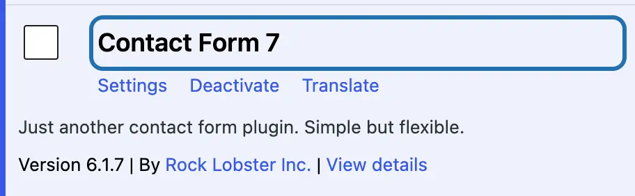 Contact Form 7 on the Installed Plugins screen, its name outlined: our test site already has a form plugin