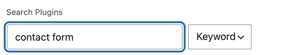 The Search Plugins box on the Add Plugins screen, outlined, with “contact form” typed in