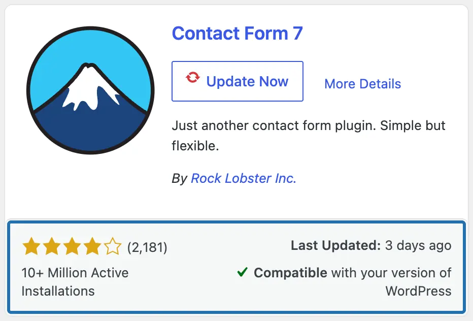 A result card, its bottom row outlined: stars with 2,181 ratings, Active Installations, Last Updated, Compatible