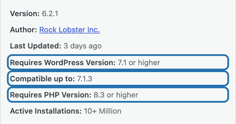More Details, three lines outlined: Requires WordPress Version 7.1, Compatible up to 7.1.3, Requires PHP Version 8.3