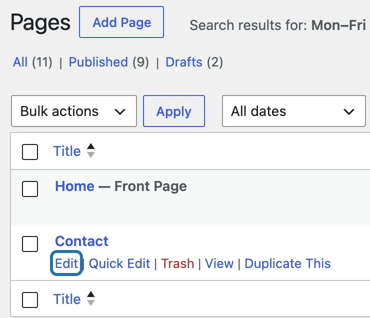 Search results for Mon–Fri: only Home and Contact are listed, with the Edit link under Contact outlined