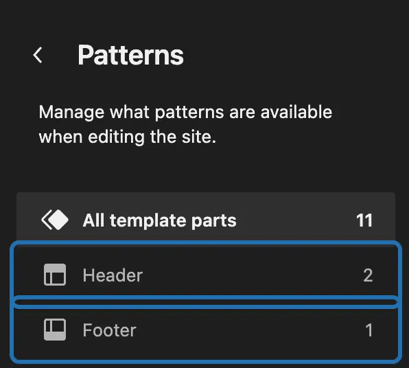 Appearance › Editor › Patterns: the sidebar with Header and Footer outlined under All template parts