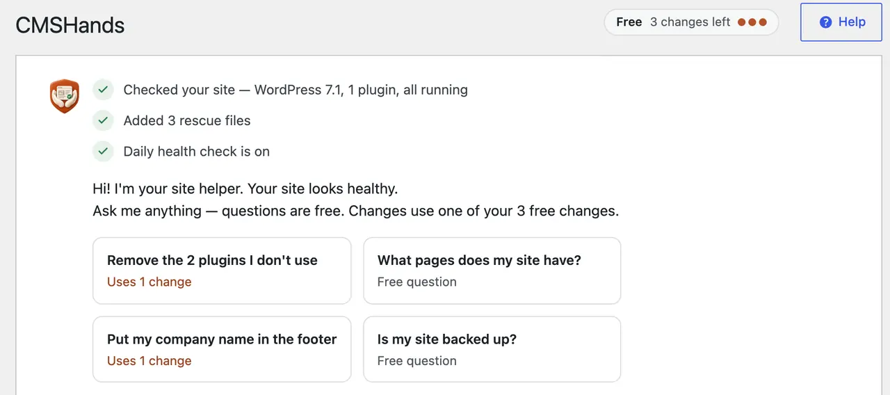 The chat right after Turn on: site checked, 3 rescue files added, daily health check on, and four things to ask first