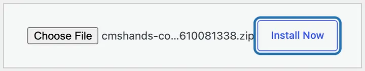 The Add Plugins screen with Upload Plugin open: the CMSHands zip chosen, and the Install Now button beside it