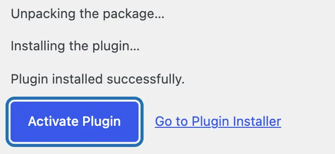 WP says Plugin installed successfully, with the Activate Plugin button under it