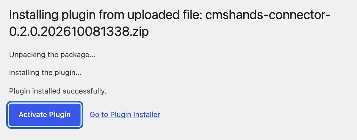 WP says Plugin installed successfully, with the Activate Plugin button under it