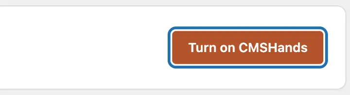 The Plugins screen after activating: a CMSHands box at the top says One step left, with the Turn on CMSHands button