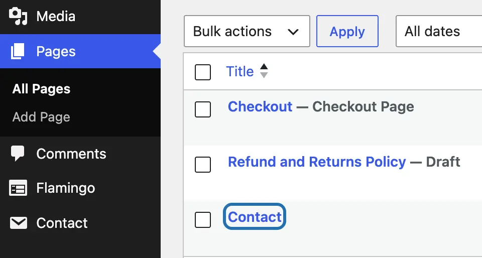 The Pages › All Pages list with the Contact page's name outlined