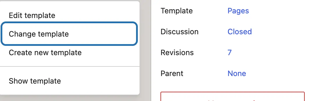 The Template menu open in the page editor, with Change template outlined