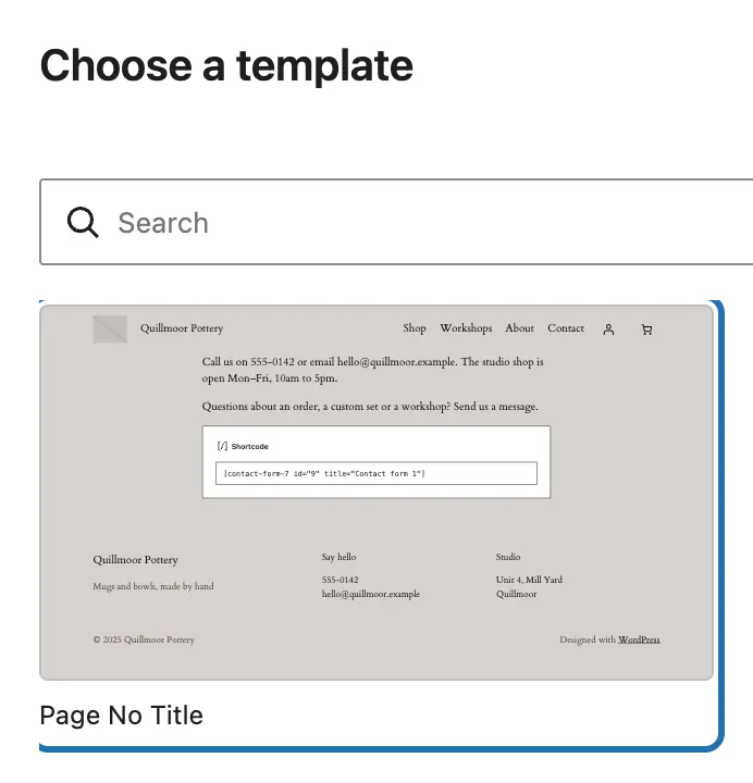 The Choose a template window, its first template, Page No Title, outlined