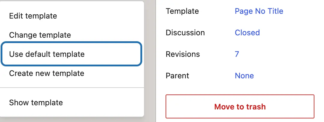 The Template menu again, now with Use default template outlined, the way to bring the title back