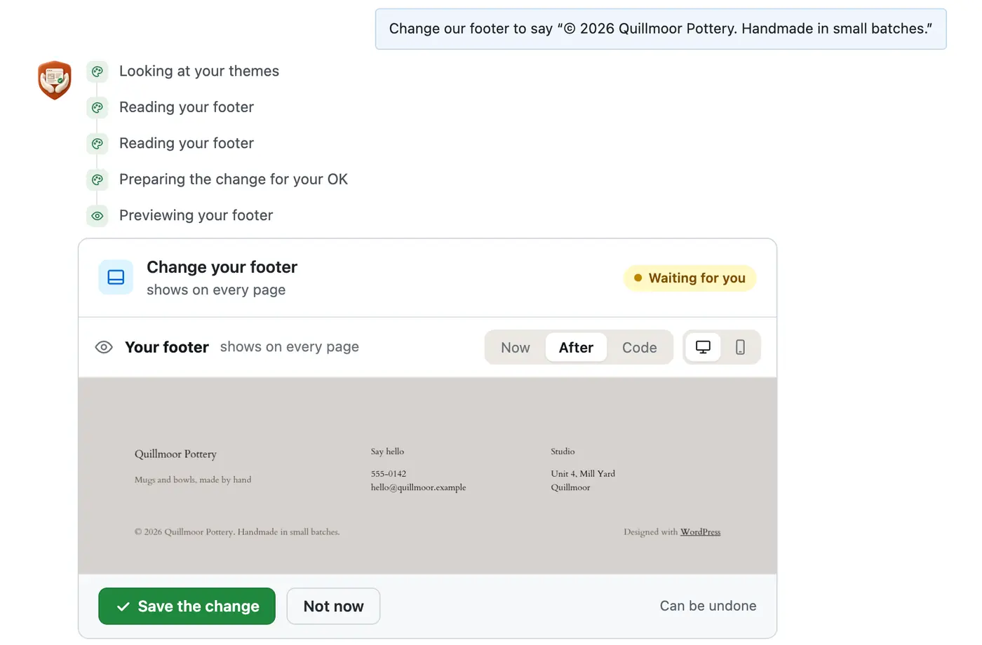 A CMSHands card with the new footer, shown before anything changed and waiting for the owner's OK