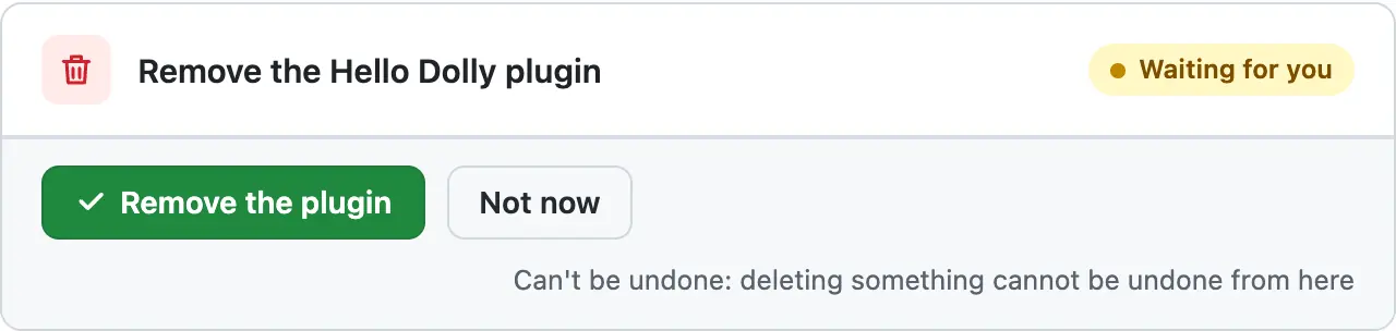 A card to remove the Hello Dolly plugin; its foot says Can't be undone: deleting something cannot be undone from here