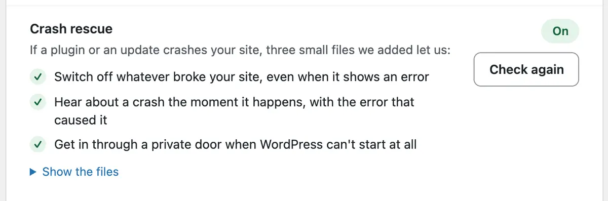 The plugin's Crash rescue panel: what the 3 small files let us do when a plugin or an update crashes your site