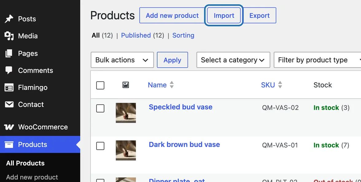 Products › All Products in the dashboard, with the Import button outlined at the top, between Add new product and Export