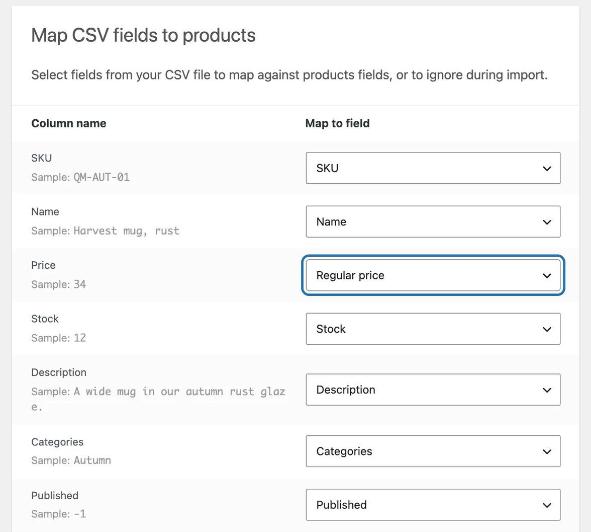 Map CSV fields to products: each column of the sheet matched to a field, the Price column outlined, matched to Regular price