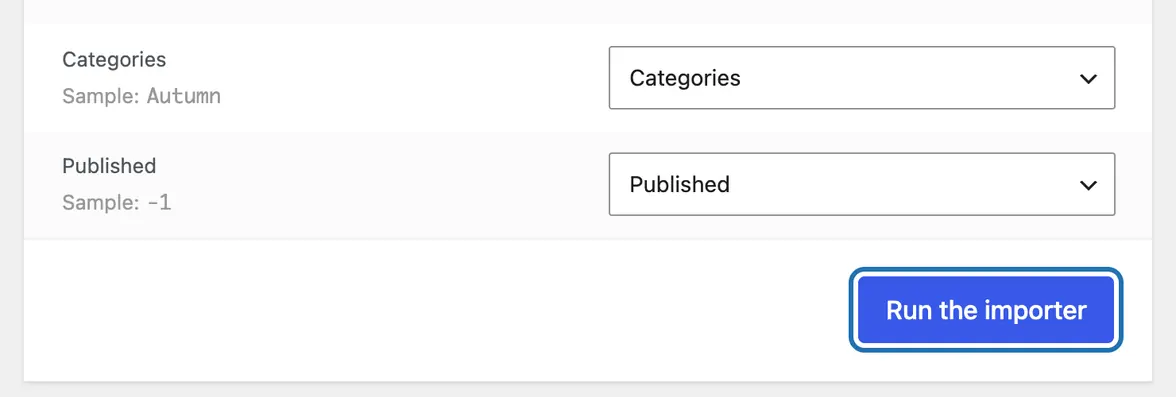 The end of the column list, Categories and Published matched, and the Run the importer button outlined