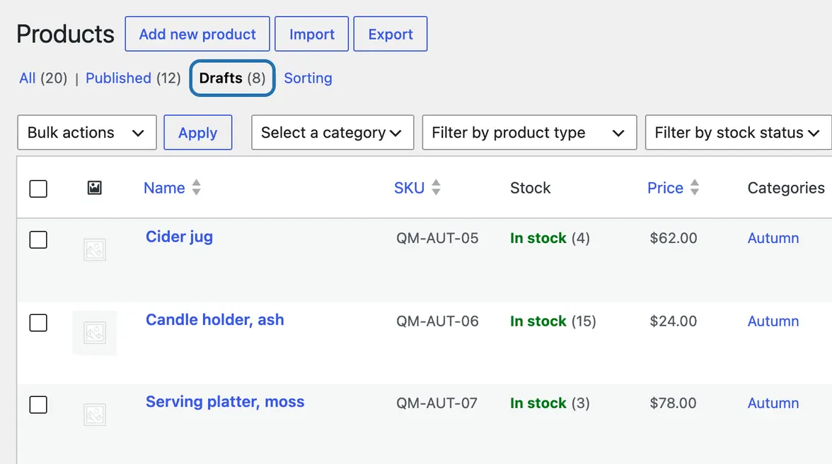 The products list with Drafts (8) outlined: the new products with their SKUs, stock, prices and the Autumn category