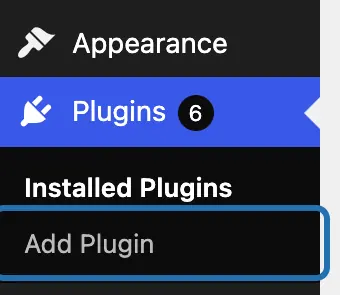 The WP dashboard menu with Plugins open and Add Plugin outlined, under Installed Plugins
