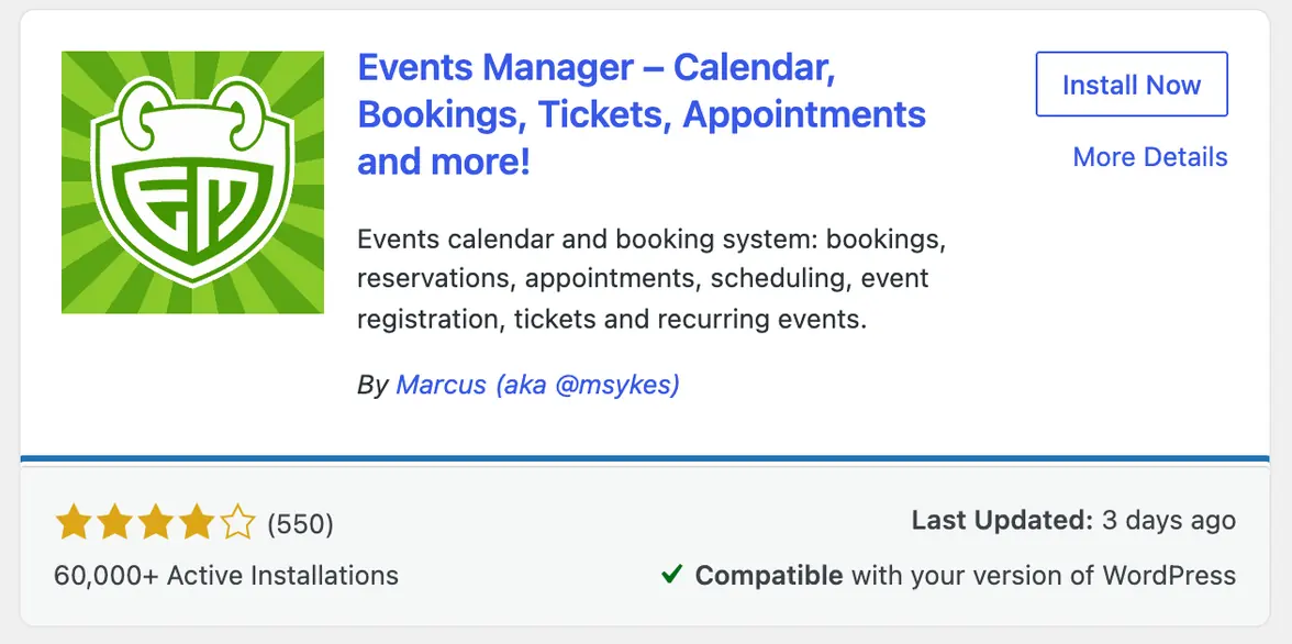 Events Manager's result card, its foot outlined: stars, Last Updated 3 days ago, 60,000+ installs, Compatible