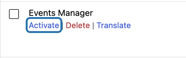 Events Manager in the plugin list, switched off, with the Activate link under its name outlined