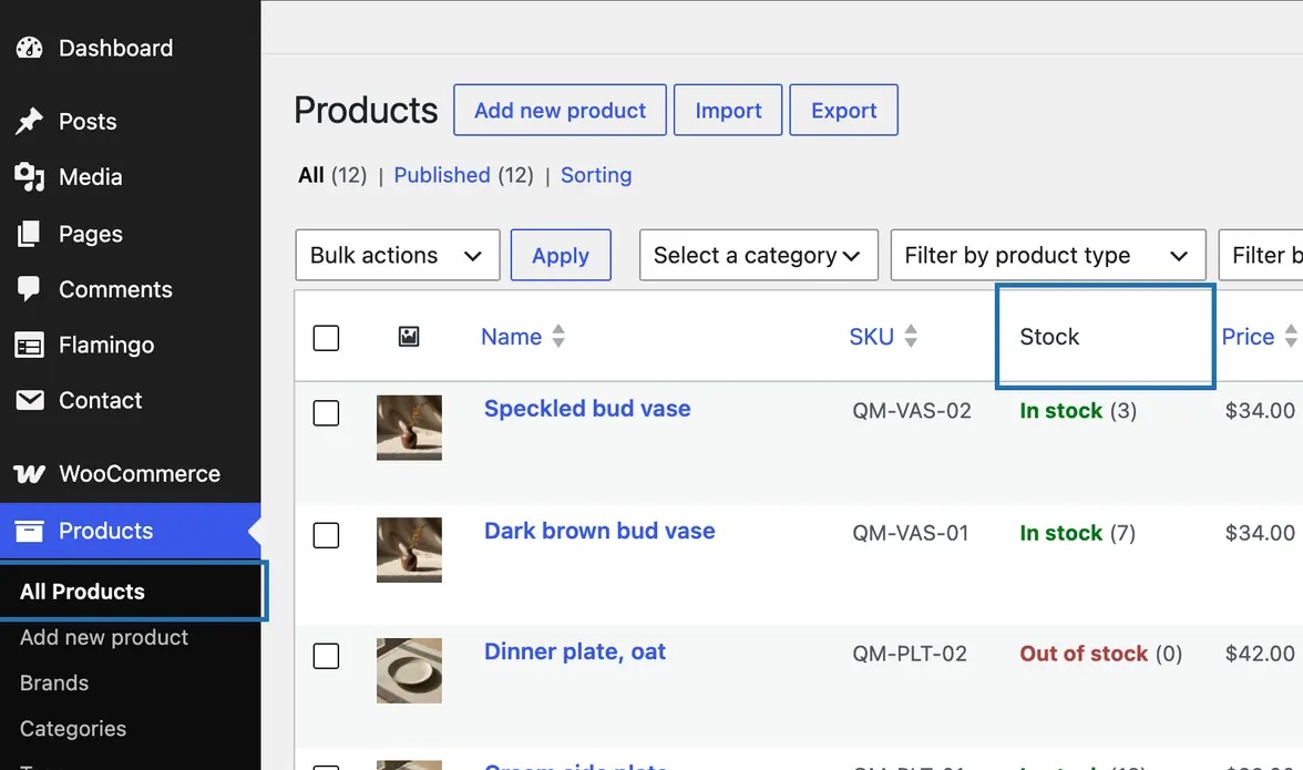 The All Products list with the Stock column outlined: Dinner plate, oat says Out of stock (0) in red