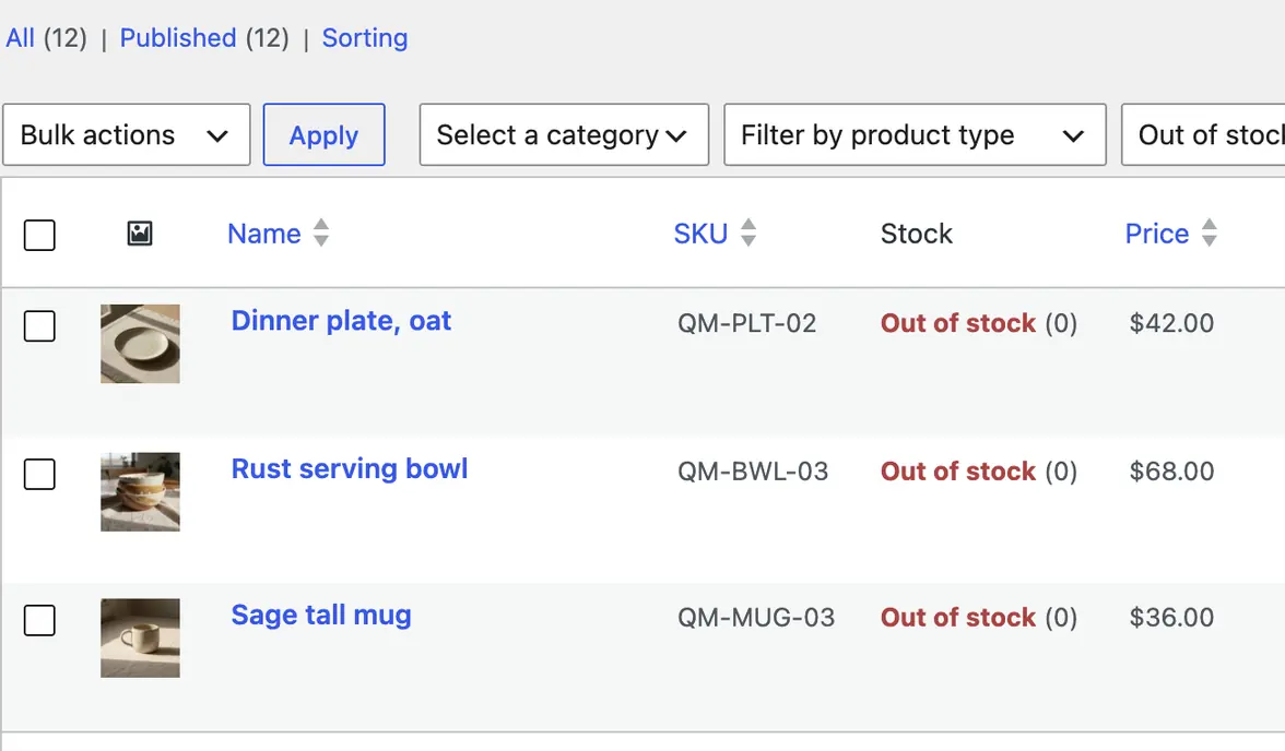 The filtered list: Dinner plate, oat, Rust serving bowl and Sage tall mug, each Out of stock (0), with its price