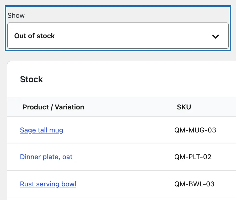 Analytics › Stock with the Show menu outlined and set to Out of stock, above the three products that have run out