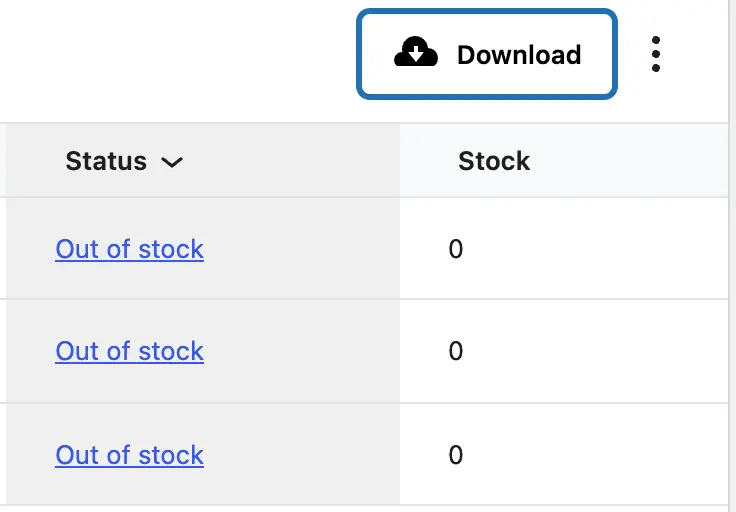 The Stock report's Download button outlined, above the three rows that say Out of stock with stock 0