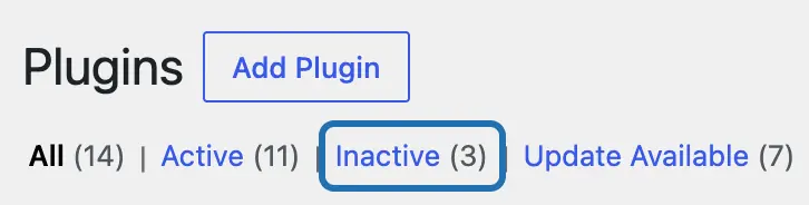 The Plugins screen's filter links: All (14), Active (11), and Inactive (3) outlined