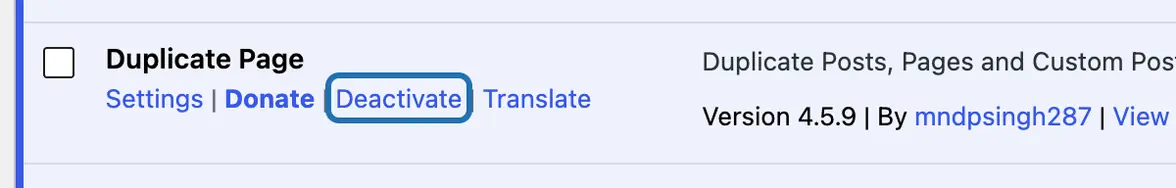 The Duplicate Page row, switched on, with its Deactivate link outlined