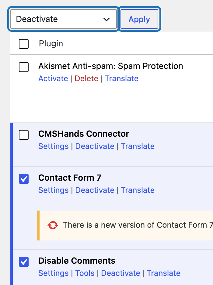 Two plugins ticked, Deactivate chosen in the bulk actions box, and the Apply button outlined